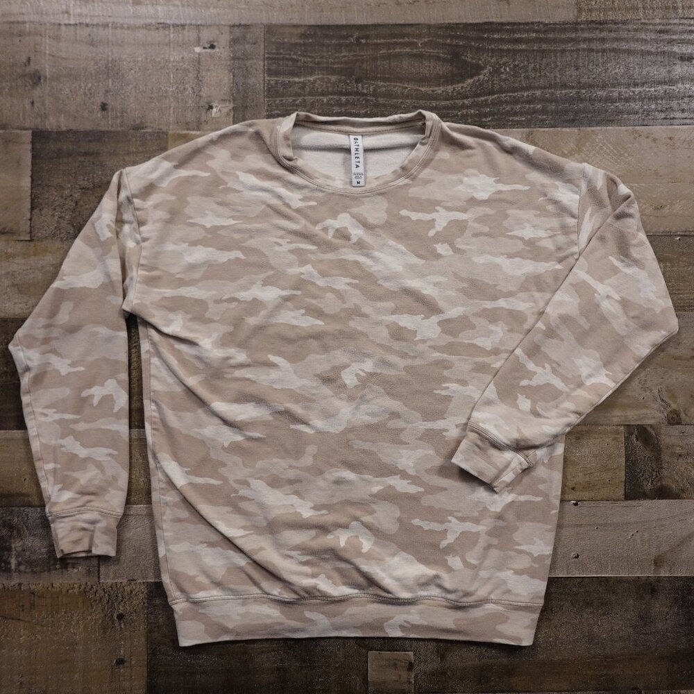 Athleta Balance Pullover Women’s Medium Beige Camo Crewneck Sweatshirt
